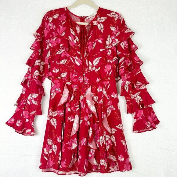 La Maison Talulah Silk Blend Long Sleeve Floral Ruffle Mini Dress Size Small Red - Picture 1 of 10